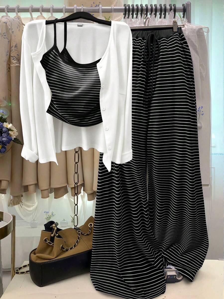 GlowEve CURVE Plus Size Solid Color Knit Cardigan With Front Button Closure, Striped Trim, Slim Fit, Drawstring Detail, Elegant Casual Commuter Daily Outing Long Pants - Black and White - View 1