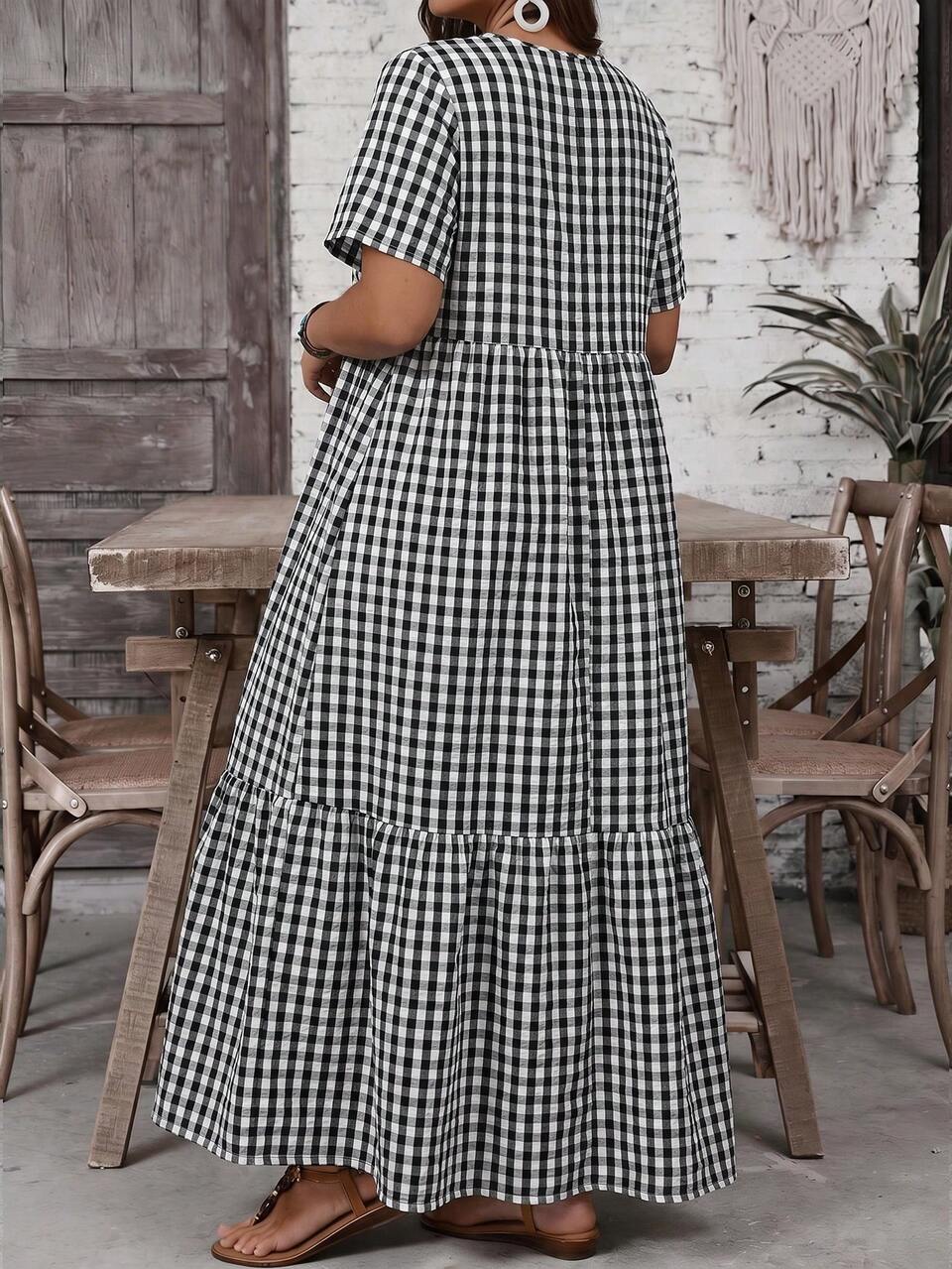 Plus Size Women's Black And White Gingham V-Neck Short Sleeve Ruffle Hem Summer Dress,Boho Casual Holiday Vacation Outfits,Western Country Concert