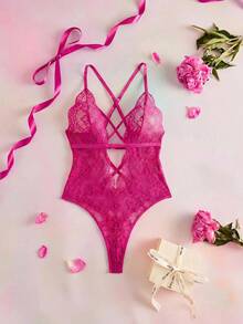 SHEIN 花卉蕾丝交叉低胸露背连体衣内衣 - 紫色 - 查看 2