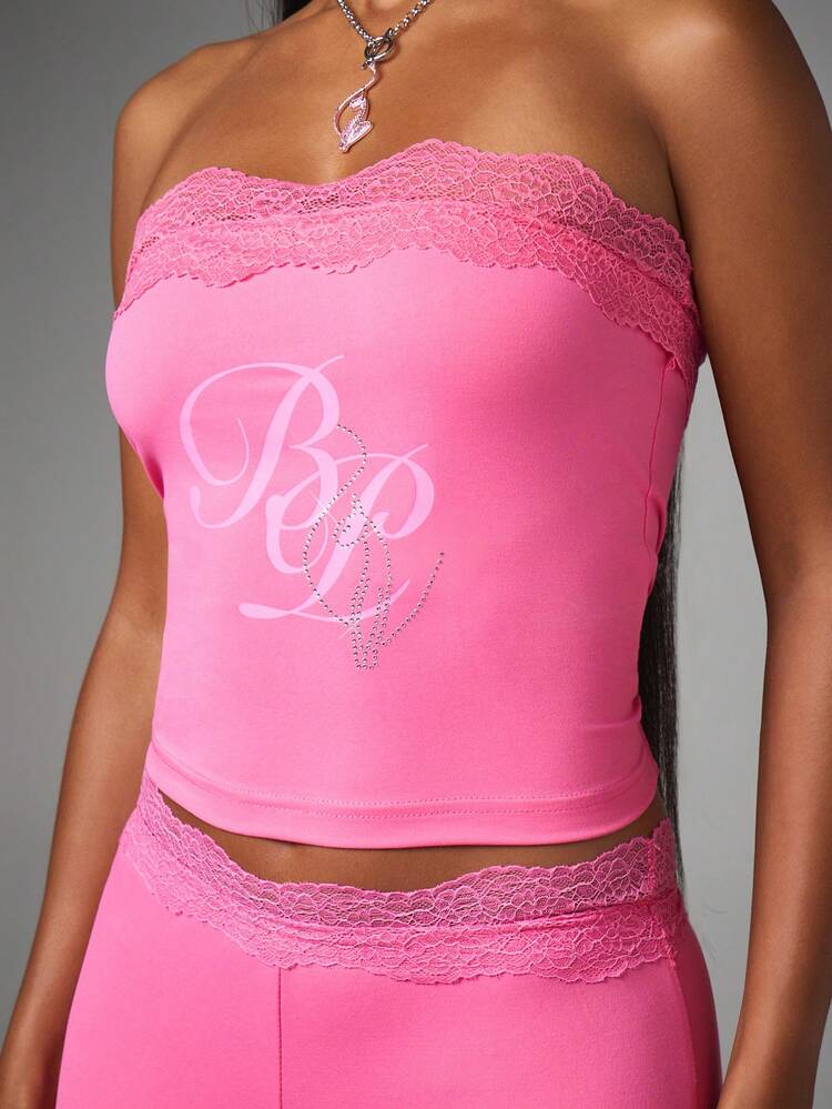 BABYPHAT Strapless Bandeau Crop Top With Lace Trim Detail And Logo Print For Summer Nights Out