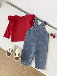 SHEIN Playful Pals 嬰兒男童女童中性 0-3歲 春/秋 紅藍色系 甜美可愛花卉刺繡 牛仔褲圓領長袖套頭上衣吊帶褲套裝 - 紅色 - 查看 2