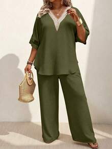 EMERY ROSE Summer Women's Olive Green Solid Guipure Lace Mesh Sleeve Top And Pants Two Piece Set,Boho Vacation Linen Outfit, Al-Adha Casual Coords - Green - View 6