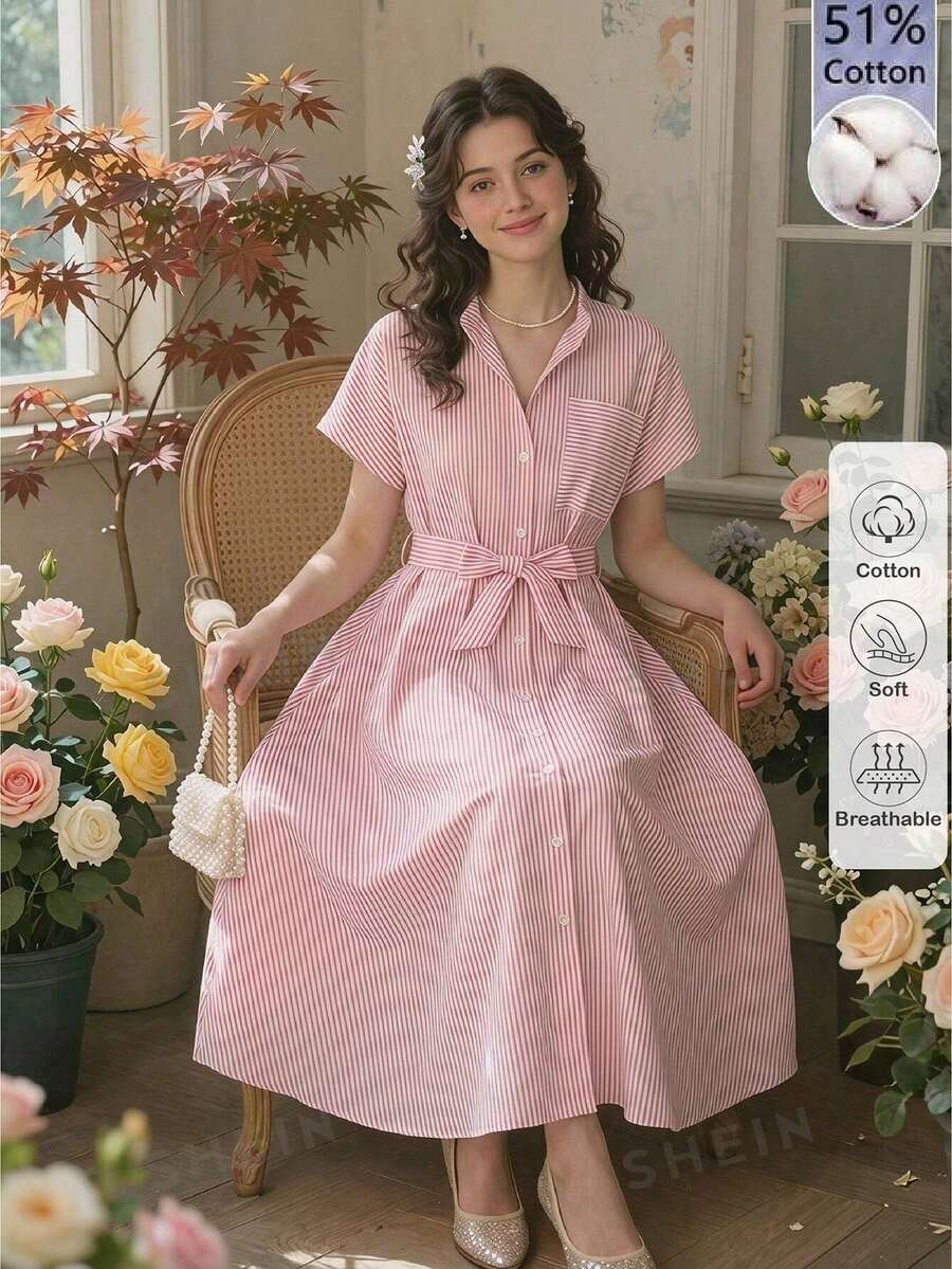 SHEIN 1 pieza Vestido corto de manga corta de moda casual de verano para adolescentes, de cuello alto, a rayas rosa, de corte holgado, con abertura en el bajo y cinturón, adecuado para uso diario, compras, vacaciones y talla grande - Rosa - Ver 1
