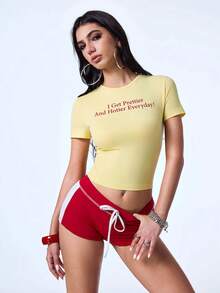 Y2Kool Red And White Striped Colorblock Y2K Low Waist Mini Shorts Women's Sporty Casual Streetwear Spring/Summer Gym Holiday Island Vacation Music Festival - Red - View 3