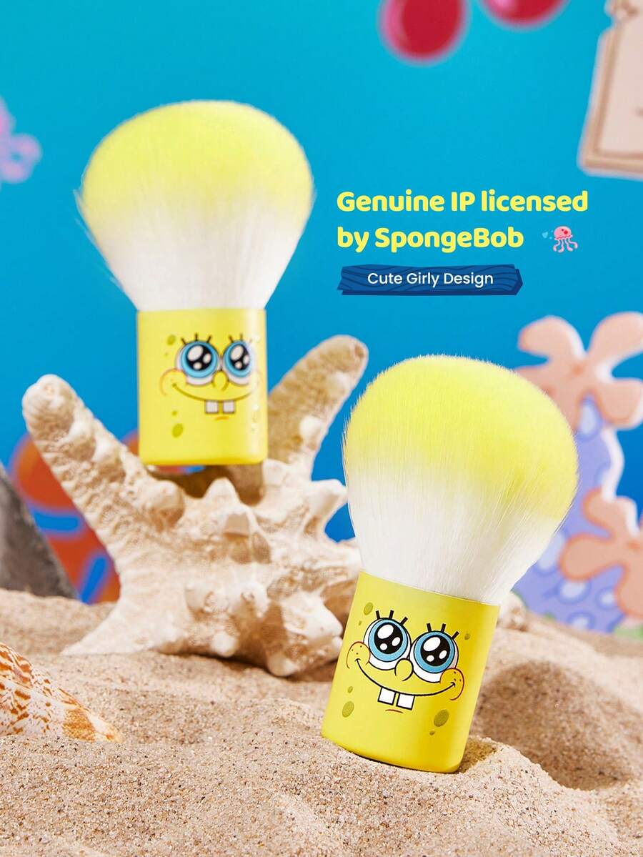 SpongeBob SquarePants | SHEIN 1件裝黃色海綿卡通主題迷你蜜粉刷與腮紅刷,柔軟合成刷毛可愛臉部化妝刷,便攜小巧化妝工具,適用蜜粉、腮紅、修容,卡通迷與化妝愛好者的完美禮物 - 黃色 - 查看 1