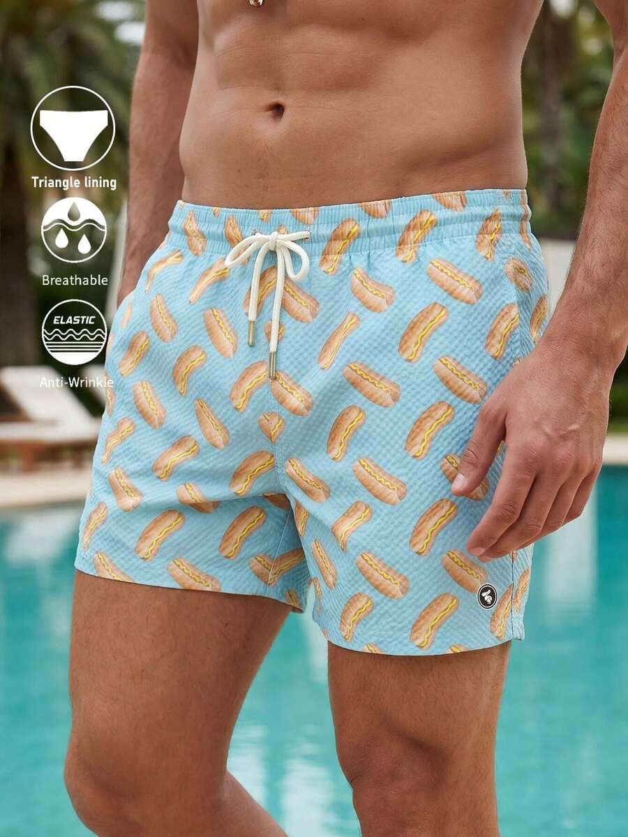 Manfinity Swimmode 男士热狗印花抽绳腰带口袋沙滩短裤 - 藍色 - 查看 1