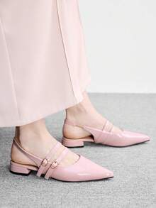 CUCCOO BIZCHIC 女款粉色亮面尖頭後綁帶平底鞋，職場通勤溫柔優雅百搭工作鞋 - 粉色 - 查看 6