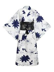Irokai Floral Pattern Kimono Sleeve Robe And Camisole Dress Yukata Set - Blue and White - View 13