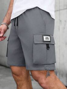 Manfinity Homme Celana Pendek Kargo Denim Pria Ukuran Besar dengan Motif Huruf, Cocok untuk Perjalanan Harian, Bepergian, Pakaian Kasual, dan Acara Akhir Pekan. - Dark Grey - View 6