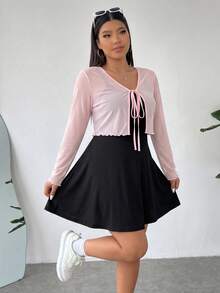 SHEIN EZwear 女款大尺碼針織開襟衫吊帶洋裝兩件套 素色 畢業款 黑色 可愛亮粉色 - 彩色 - 查看 1