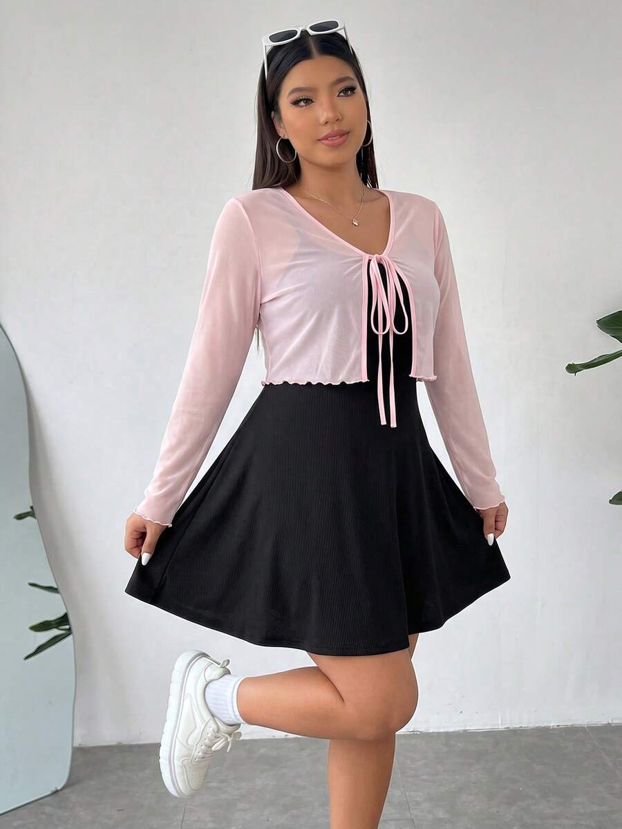 SHEIN EZwear 女款大尺碼針織開襟衫吊帶洋裝兩件套 素色 畢業款 黑色 可愛亮粉色 - 彩色 - 查看 1