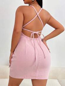 SHEIN SXY 女款深V領露背交叉設計性感掛脖牛仔洋裝 - 粉色 - 查看 2