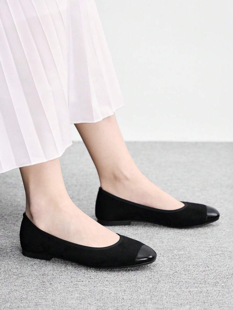 CUCCOO BIZCHIC Zapatos de mujer primavera y otoño con empalme, punta cuadrada y suela plana, zapatos de ante sencillos para ir al trabajo y compras - Negro -1 - Ver 1