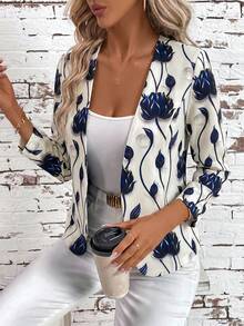 SHEIN Clasi 女款花卉印花休閒百搭日常旅行輕便外套 - 藍白色 - 查看 5