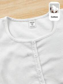 SHEIN LMoss Kids 女童針織素色方領修身休閒T恤 - 白色 - 查看 3