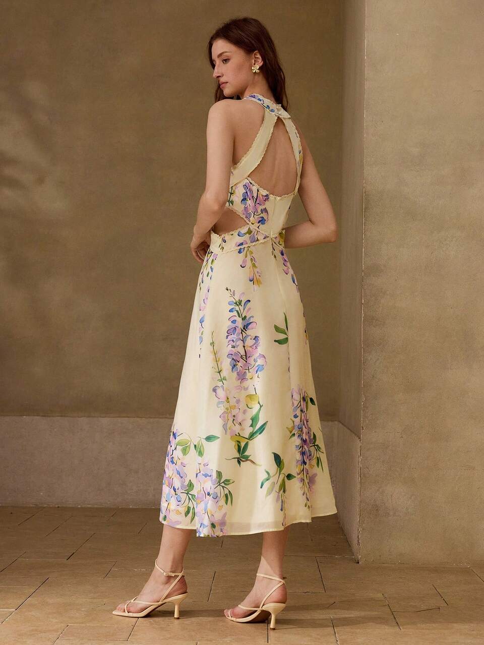FLORAL PRINT OPEN BACK CUTOUT WAIST HALTER NECK DRESS