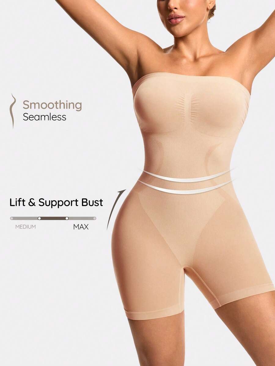SHAPORA Women's Solid Color Ruched Bandeau Romper - Beige - View 1
