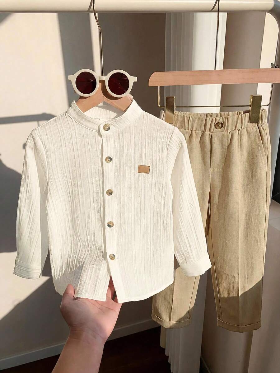SHEIN 2件組 小男孩幼童 學院風 白色紋理布料 立領長袖襯衫與長褲套裝 - 彩色 - 查看 1