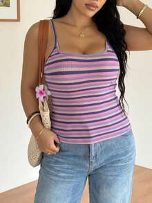 Solflare Plus Size Women's Striped Colorblock Fashion Vacation Cami Tank Top - Multicolor - View 3