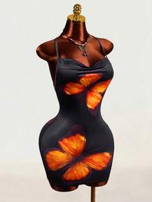 Mistrie Summer Sexy 90s Fairycore Y2k Lace-Up Butterfly Print Bodycon Knit Mini Dress Clubbing Night Out Party Black And Orange - Multicolor - View 5
