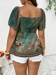 SHEIN Frenchy Casual Spring/Summer Vintage Floral Print Cold Shoulder Drawstring Plus Size Women's T-Shirt, Vacation Women - Multicolor - View 2