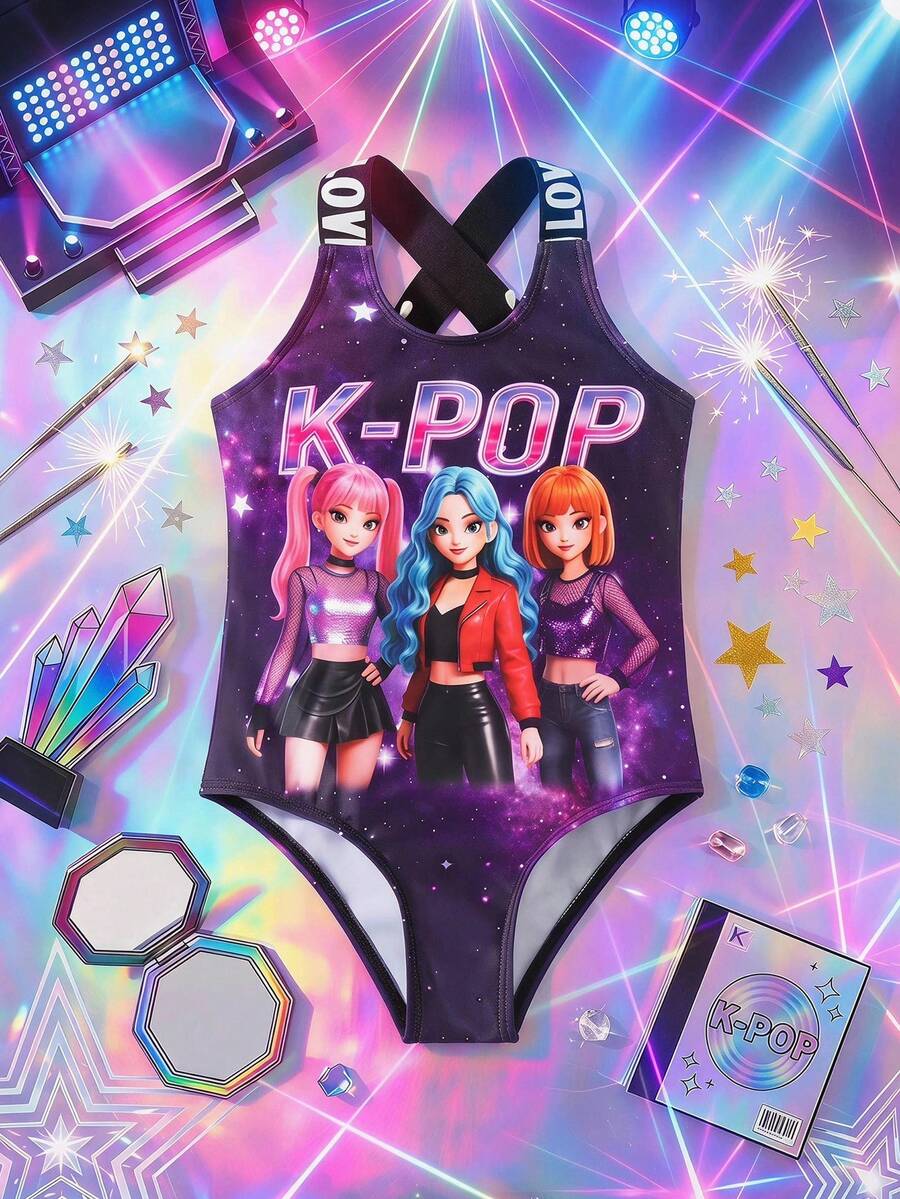 SHEIN 少女卡通女孩肖像印花連身泳衣