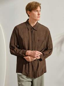 VeloEdit Men's Solid Color Long Sleeve Single Breasted Pocket Loose Casual Baggy Shirt, Woven, Wrist-Length Collar Coffee Brown, Autumn, Fall Front - Coffee Brown - View 4