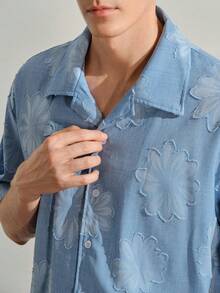 VeloEdit Blue New Spring/Summer Jacquard Floral & White Casual Vacation Party Short Sleeve Shirt Light Graphic Men Vintage Baby Hawaiian Old Money Style GiftFall Winter - Blue - View 7