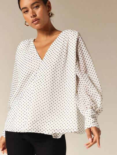 COSMINA Women's Elegant Long Sleeve Ruched Polka Dot Deep V-Neck Blouse, Versatile For Commuting, Office, Outings, Dates, Spring Travel, Beach Vacation, Casual Style