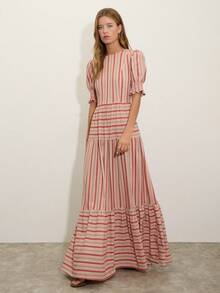 Nöista Vestido midi a rayas con mangas abullonadas y puños fruncidos con rayas en diferentes direcciones - Rosa vieja - Ver 13