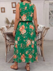 SHEIN LUNE Fresh Sweet Summer Lady Floral Print Elegant Fashion Sleeveless Plus Size Dress - Dark Green - View 2