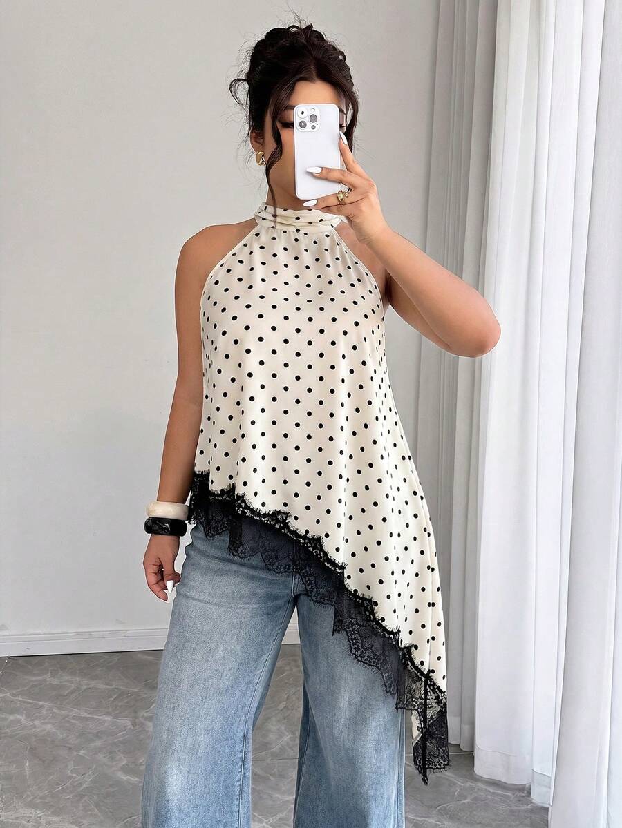 Elenzga 缎面杏色黑色波点露背不对称下摆蕾丝拼接优雅休闲通勤办公时尚派对大码春夏衬衫 - 彩色 - 查看 1