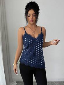 Rafferiza Women's Elegant Polka Dot Brown Lace Patchwork Tank Top - Royal Blue - View 5
