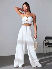 SHEIN EZwear 100%纯棉高腰阔腿裤，百搭休闲，适合大学、休闲、派对、音乐节、毕业典礼、返校、度假和办公等场合。 - 白色 - 查看 4