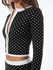 SHEIN ICON 2件組女款音樂會外穿條紋圖案前扣長袖上衣與短褲套裝，春季 - 黑與白 - 查看 4