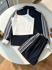 SHEIN Girls' New Autumn/Winter Fashion Striped Long Sleeve Zip-Up Jacket With Camisole And Shorts Set, Casual 3-Piece Outfit, Children's Casual Sports Style 3-Piece Set, Navy Blue With White Trim 4-Stripe Jacket + White Camisole + Matching Shorts Summer Set - Navy Blue - View 2