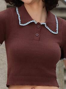 Xuxu's by Gio Casual Minimalist Style Preppy Style Color Blocking Blue Shell Embroidery Polo Collar Dark Brown Short Sleeve Knit Top, Suitable For Spring & Summer, College Style - Multicolor - View 7