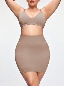 SHAPORA Falda ajustada de cintura alta sin costuras con pantalones cortos de , falda ajustado ajustada y sexy, vestido moldeador que levanta y da forma a la cintura - Marrón Mocha - Ver 4