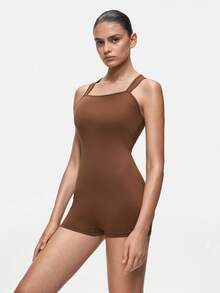 SHAPORA Women's Minimalist Solid Color Fitted Romper - Coffee Brown - View 5