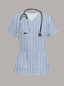 PopScrub Blusa de uniforme de enfermería con estampado de rayas para mujer, adecuada para niños, hospital de mascotas - Multicolor - Ver 8