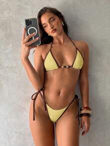 Aloruh 女款夏季海灘度假派對拼色掛脖繫帶性感比基尼三角褲兩件式泳衣套裝 黃色 - 彩色 - 查看 6