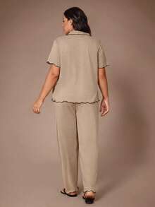 Lazeform Bộ quần áo tay ngắn và áo rộng rãi, thoải mái, vải dệt kim kaki nhẹ, mềm mại, mùa hè, trang phục - Màu Khaki - Xem 3