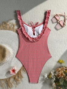 Swim Mod 女款海灘泳池派對度假 70 年代復古可愛紅色條紋格紋拼接印花荷葉邊綁帶寬肩帶連身泳衣 夏季 - 紅白色 - 查看 3