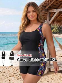 SHEIN CURVE+ 大尺碼純色背心式比基尼搭配熱帶印花，海灘穿搭坦基尼套裝泳衣，夏季海灘 - 黑色 - 查看 1