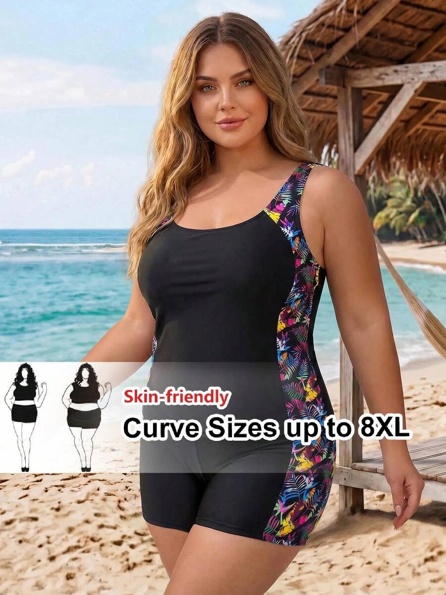 SHEIN CURVE+ 大尺碼純色背心式比基尼搭配熱帶印花,海灘穿搭坦基尼套裝泳衣,夏季海灘 - 黑色 - 查看 1