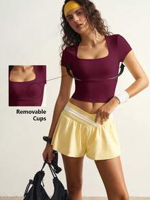 VARSIVA Workout Women Tops Casual Solid Color Cropped Sports T-Shirt, Summer Bustier Crop Sports Tee - Burgundy - View 3