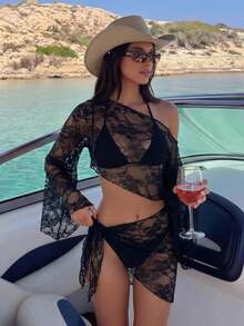 Bonvoyette 女款休閒度假海灘派對優雅素色露肩特殊面料兩件式泳衣新款 - 黑色 - 查看 3