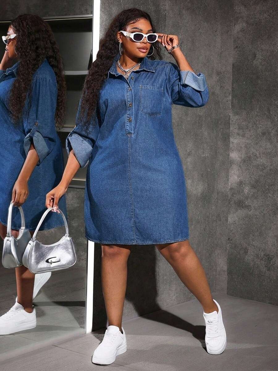 Slaydiva Gaun Denim Ukuran Besar Lengan Panjang Kasual Model Kemeja Pas Badan Warna Biru - Medium Wash - View 1