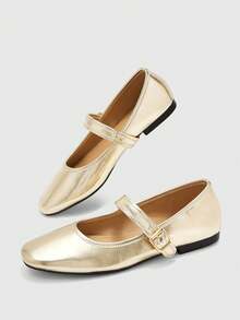 CUCCOO BIZCHIC Spring And Autumn Metal Buckle Contrasting Color Hemming Round Toe Flat Bottom, Retro Style Mary Jane Shoes Commuting Shopping - Gold - View 6