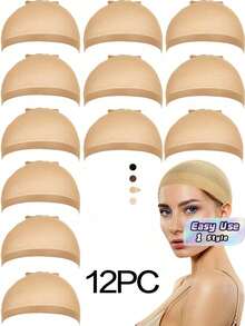 12PCS Beige Wig Caps For Women And Men, Stretchy Nylon Stocking Cap With Closed End Mesh, Breathable & Secure Fit - Beige - View 1